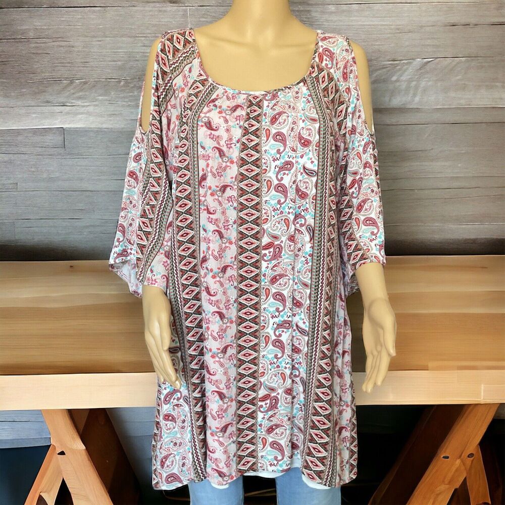 Naif Woman multicolor Top 3/4 Sleeve Stretch Open Shoulder tunic SZ/ M